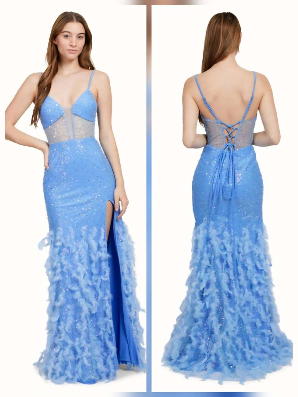 Dear Moon – Long party dress with a zipper, feather details, and a V-neckline.